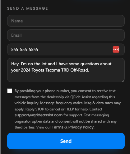 Shopper consent language displayed on QRide Assist vehicle inquiry form